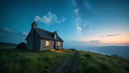 Fototapeta premium A cozy cottage stands on a hillside, its windows glowing warmly against the backdrop of a twilight sky filled with stars. The quiet pathway leads to the inviting home