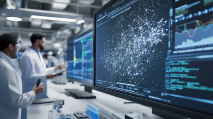 Fototapeta premium Innovative molecular docking simulation in lab, showcasing advanced technology and data analysis. Scientists collaborate, analyzing complex data visualizations on screens, highlighting importance of