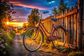 Obraz premium Vibrant bicycle parked against a rustic wooden fence in a picturesque outdoor setting on a sunny day