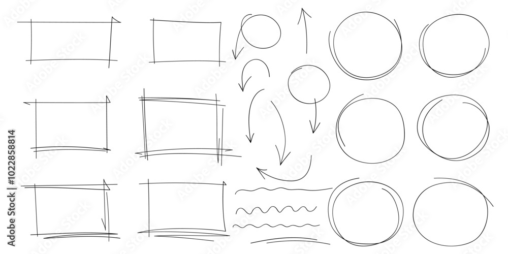 Leinwandbilder Set of doodle handdrawn highlight, arrows, text underline strokes and marks. Collection of sketch elements of circles, ellipses, rectangles, squares, ovals, marks. Brush doodle shape for message notes