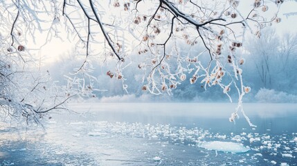 Frozen lake with snow covered trees, icy surface and winter fog.