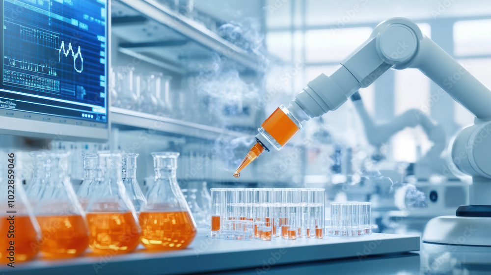 Poster automated robotic arm conducting drug solubility tests in laboratory setting, showcasing advanced te