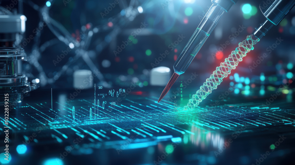 Poster cutting edge visual representation of dna strands being edited with precision tools, showcasing intr