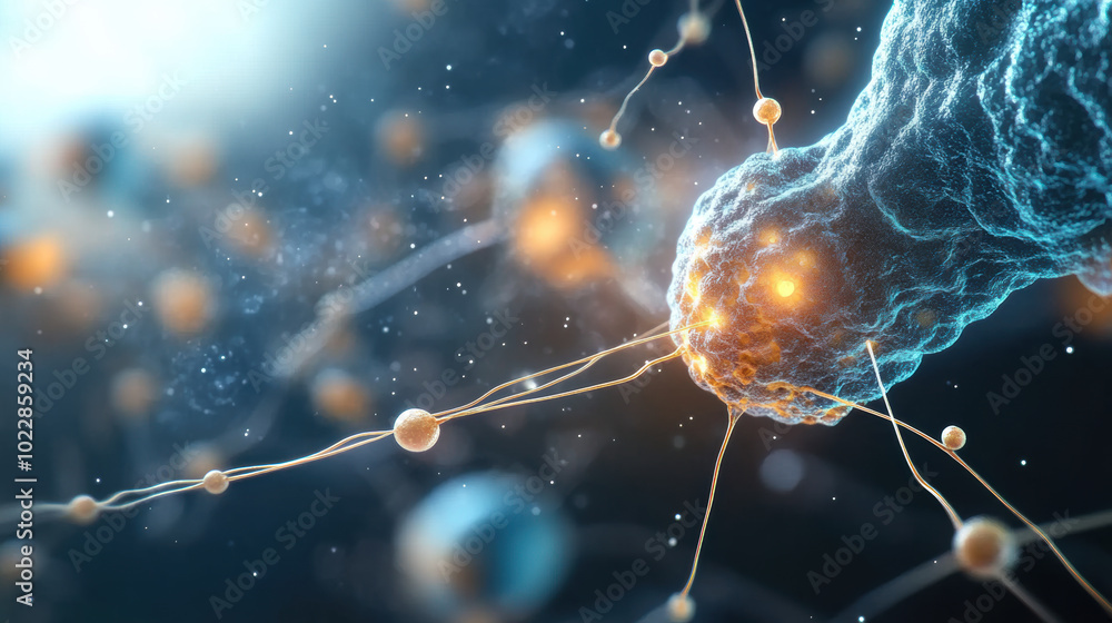 Poster detailed visualization of drug metabolism at cellular level, showcasing interactions between molecul