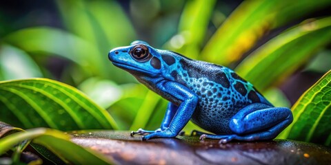 Obraz premium Vibrant Blue and Black Dart Frog Resting on Green Leaves in Its Natural Rainforest Habitat
