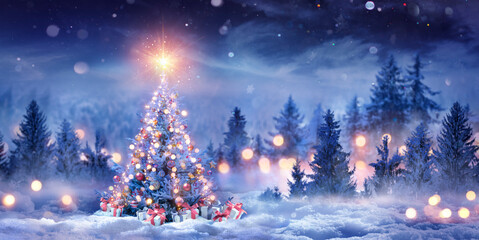 Christmas Tree On Snow At Night With Shiny Star And Gift Boxes In Winter Forest - Winter Abstract Landscape