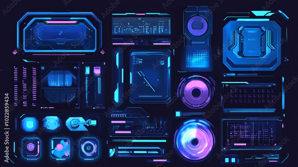 Poster a comprehensive collection of blue futuristic graphic elements designed for a cyber interface theme.