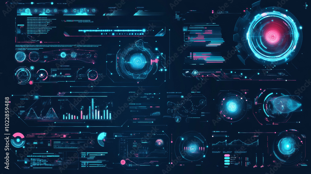 Poster a comprehensive collection of blue futuristic graphic elements designed for a cyber interface theme.