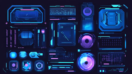 A comprehensive collection of blue futuristic graphic elements designed for a cyber interface theme. 