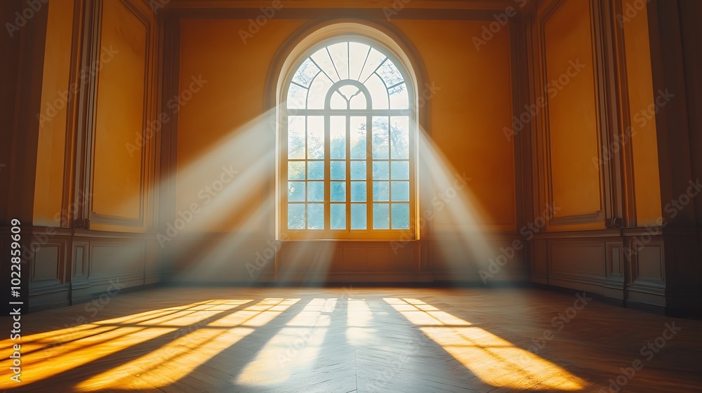 Aufkleber sunbeams through a large arched window in an empty room.