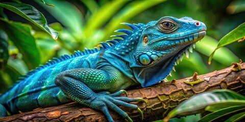 Obraz premium Vibrant Blue Iguana Resting on a Tropical Branch with Lush Green Foliage in Natural Habitat