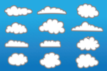 Cloud shapes set isolated on a blue background, Abstract white cloudy set isolated on blue background, Set of cartoon cloud in a flat design Modern icon or logo collection