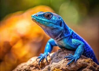 Obraz premium Vibrant Blue Lizard Perched on a Rock in Natural Habitat, Showcasing Unique Color and Texture