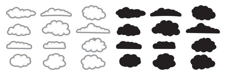 Cloud shapes set isolated on a blue background, Abstract white cloudy set isolated on blue background, Set of cartoon cloud in a flat design Modern icon or logo collection