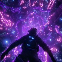 Astronaut gazing at futuristic city skyline