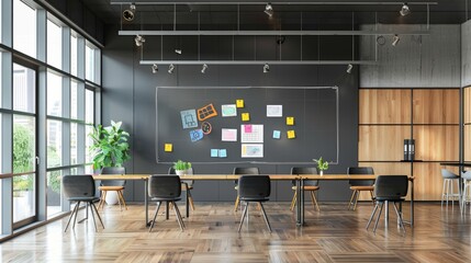 A large black board with a lot of notes and pictures on it