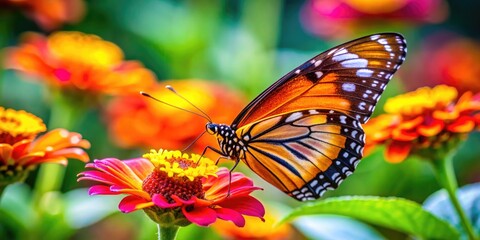 Fototapeta premium Vibrant Butterfly Resting on a Colorful Flower Petal in a Lush Green Garden Environment