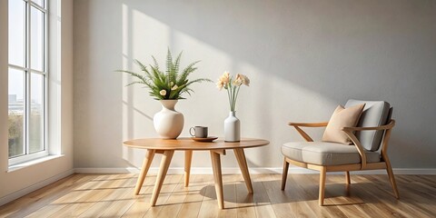 A Minimalist Interior with Natural Light Streaming Through a Window, Emphasizing a Cozy Armchair and a Round Wooden Coffee Table Adorned with Greenery and a Ceramic Cup