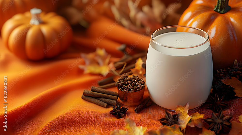 Poster Milk on an orange tablecloth surrounded by autumn decorations including pumpkins and cinnamon