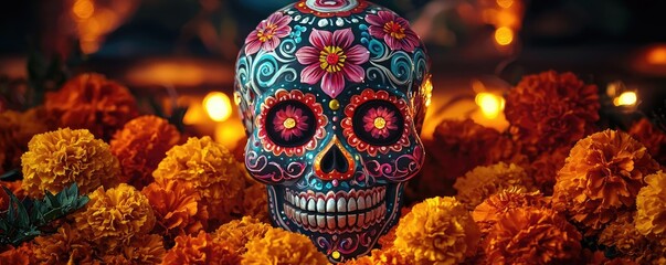 Colorful sugar skull adorned with flowers, surrounded by vibrant marigolds, capturing the essence of Dia de los Muertos celebration.