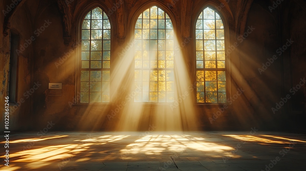 Poster sunlight streams through three arched windows in an old, stone building, illuminating a dusty floor.