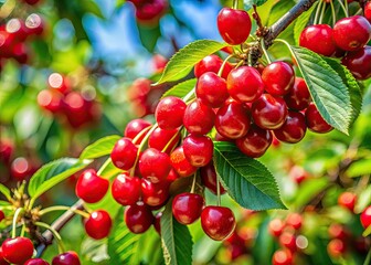 Fototapeta premium Vibrant Cherry Fruit Tree in Full Bloom with Lush Green Leaves and Bright Red Juicy Cherries