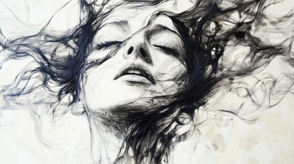 Fototapeta premium Abstract portrait of woman with flowing hair and emotions
