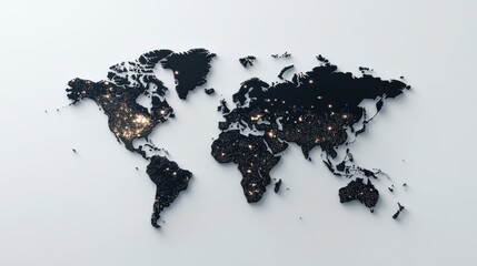 Black world map with city lights on white background. Global business and travel concept