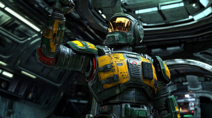 Obraz premium A dynamic 3D illustration of a cyberpunk soldier, depicted as a military robot warrior, standing inside a futuristic spaceship filled with alien machinery. 