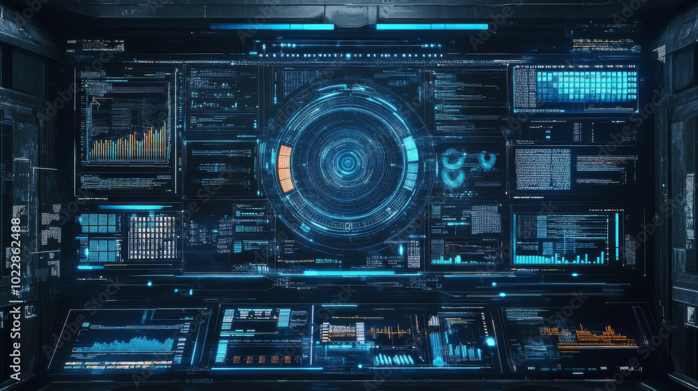 Poster a sleek dashboard display showcasing a virtual reality technology screen with a futuristic heads-up 