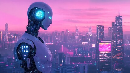 A futuristic robot gazes over a neon-lit cityscape at dusk.