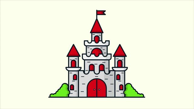 Animated castle with red roof and flag, cute cartoon style. Suitable for children's videos, games, and websites. 4k footage castle background