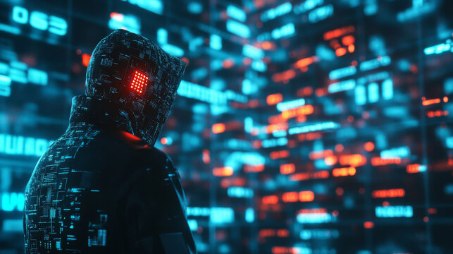 A striking 3D illustration depicting a digital human skull intertwined with a CPU and processor elements, symbolizing the danger posed by cybercriminals and hackers. 