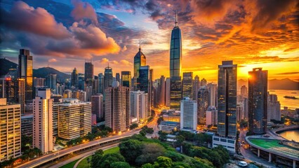 Fototapeta premium Vibrant Cityscape of Central Hong Kong with Skyscrapers and Bustling Streets at Sunset