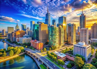 Fototapeta premium Vibrant Cityscape Under Clear Blue Sky Showcasing Modern Architecture and Urban Life in Daylight
