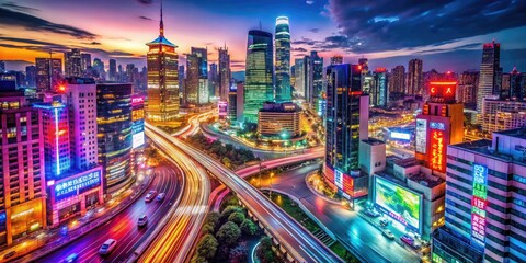 Obraz premium Vibrant cityscape with colorful lights and abstract patterns reflecting energy and urban excitement