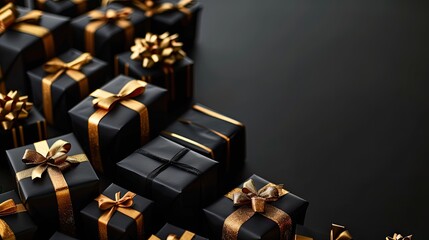 Obraz premium Luxury black gift boxes with gold ribbons on a dark background