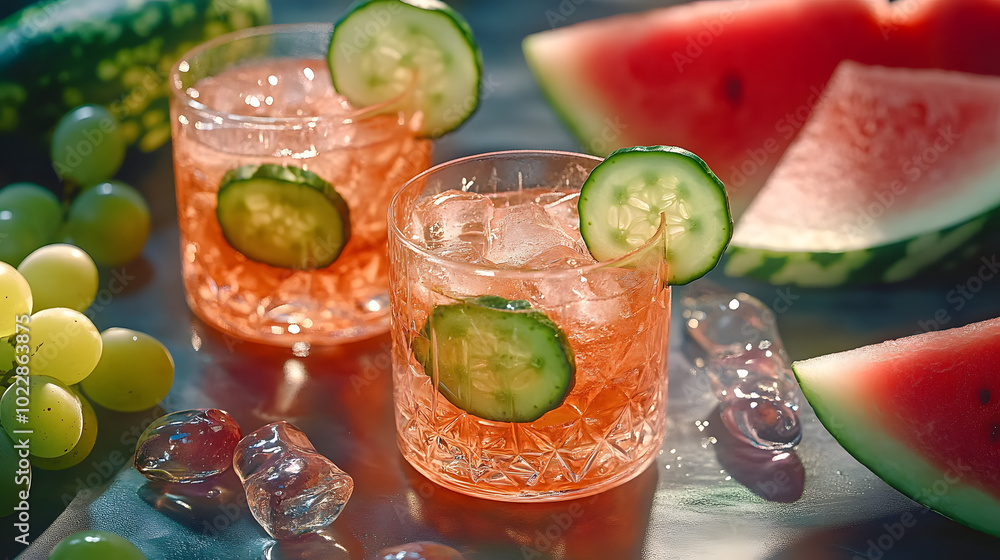 Poster a close up of two glasses of watermelon and cucumber drink on a table with grapes and watermelon sli