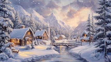 A serene winter village landscape with snow-covered trees, cozy cabins, and a flowing river under a cloudy sky at dusk.