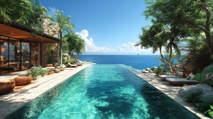 Obraz premium Infinity pool overlooking the ocean with lush greenery and sky.