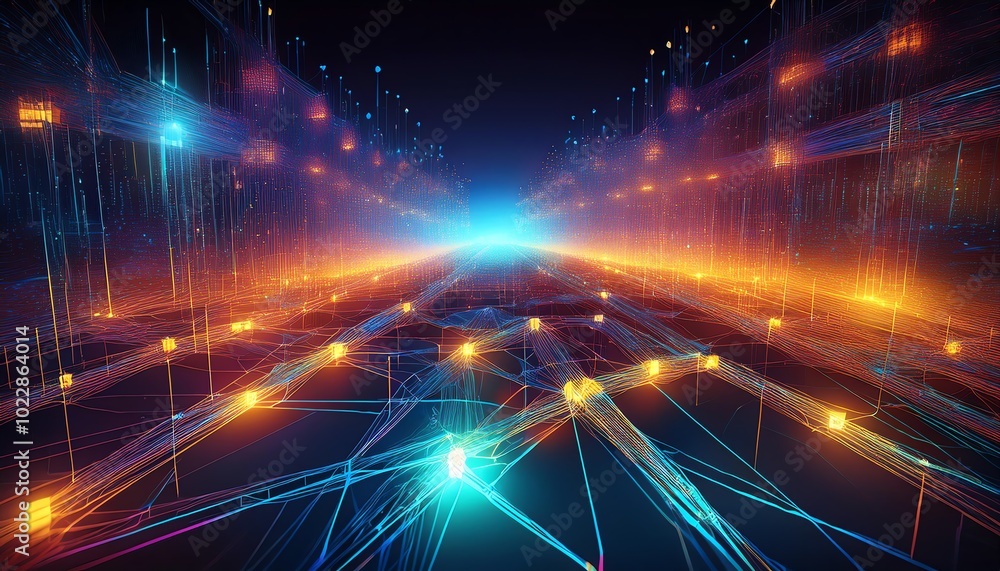 Poster a vibrant digital landscape illustrating data flow with glowing lines and particles, evoking a sense