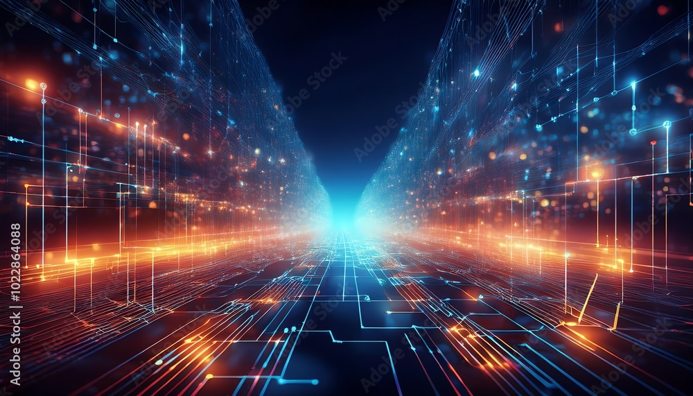 Poster a futuristic digital tunnel with glowing lines and particles, suggesting advanced technology and dat