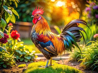 Fototapeta premium Vibrant Cockerel Standing Proudly in a Sunny Garden, Showcasing Beautiful Feathers and Colors