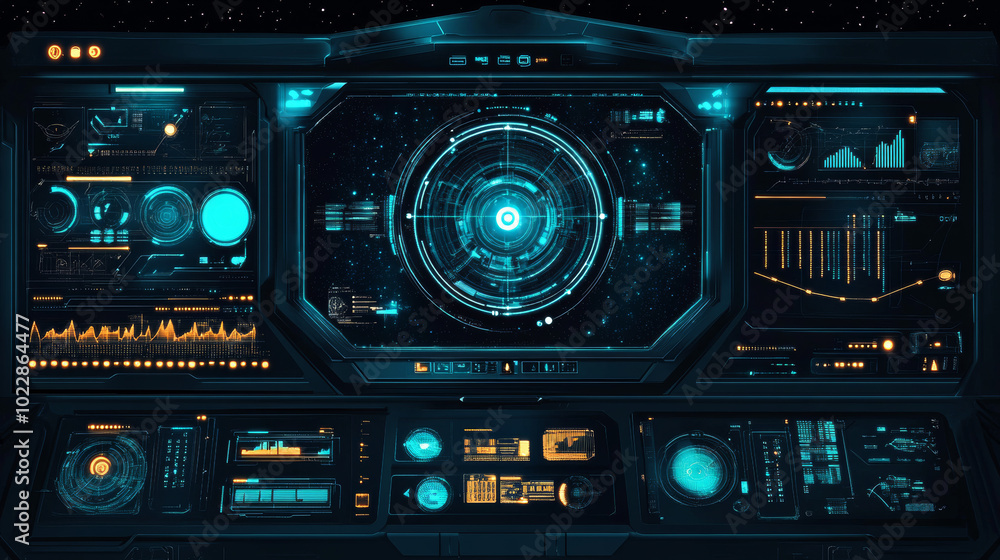 Poster a visually captivating illustration showcasing a spaceship interface filled with intricate digital t