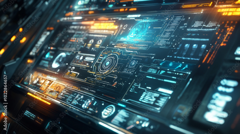 Poster a visually captivating illustration showcasing a spaceship interface filled with intricate digital t