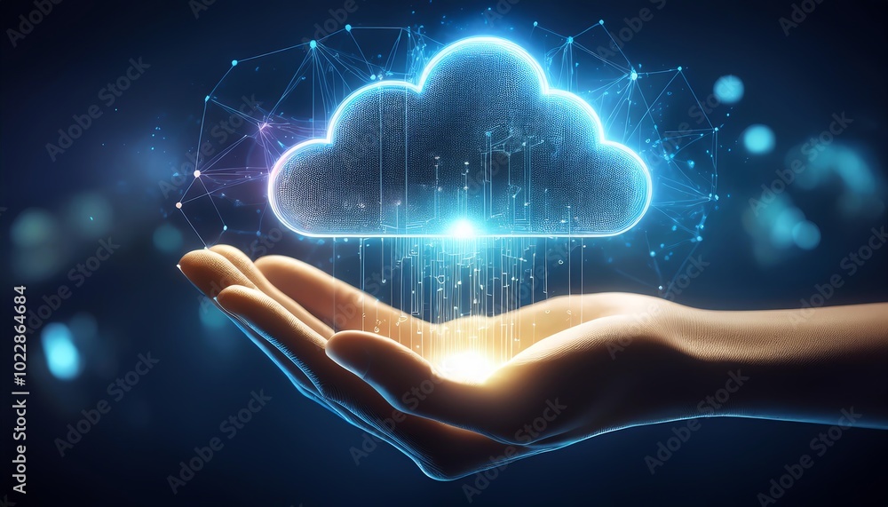 Poster a glowing cloud symbol is held in a hand, representing data storage and technology in a digital cont