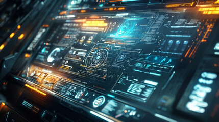 Fototapeta premium A visually captivating illustration showcasing a spaceship interface filled with intricate digital technology elements.