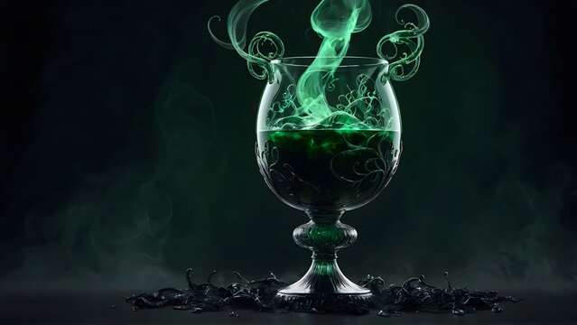 A dark green glowing elixir with swirling tendrils, perfect for spooky and mystical Halloween celebrations.	