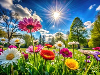 Fototapeta premium Vibrant Colorful Flowers Blooming on Lush Green Grass Under Bright Sunshine in Spring Season