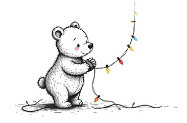 Coloring page, a cute little bear stands and holds a colorful Christmas garland of light bulbs in his hands. Linear black and white drawing on a white background
